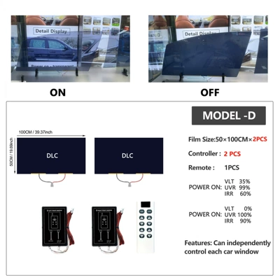 Dry-Adhesive Dlc Dye Liquid Crystal Dimming Film, Translucent When Powered On, Black When Powered Off, High Privacy Protection, Anti-Uv, Heat Insulation (Automotive Film) - blue-vlt35-50100cm-2-pieces-packed