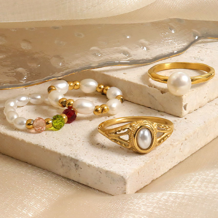 4g Weight Artificial Pearls Inlay Material Rings Classification Wholesale Jewelry Simple Style Oval 304 Stainless Steel Artificial Pearls Inlay Rings
