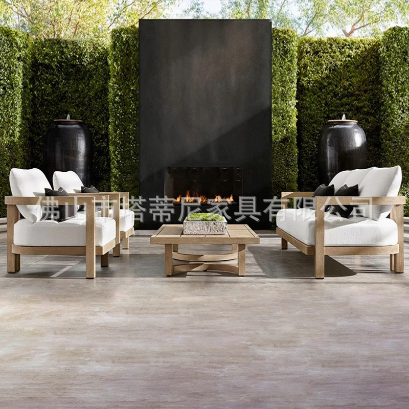 Sofá de patio para exteriores, muebles impermeables de una sola pieza para jardín, conjunto de mesa de centro de teca para terraza de hotel o villa.
