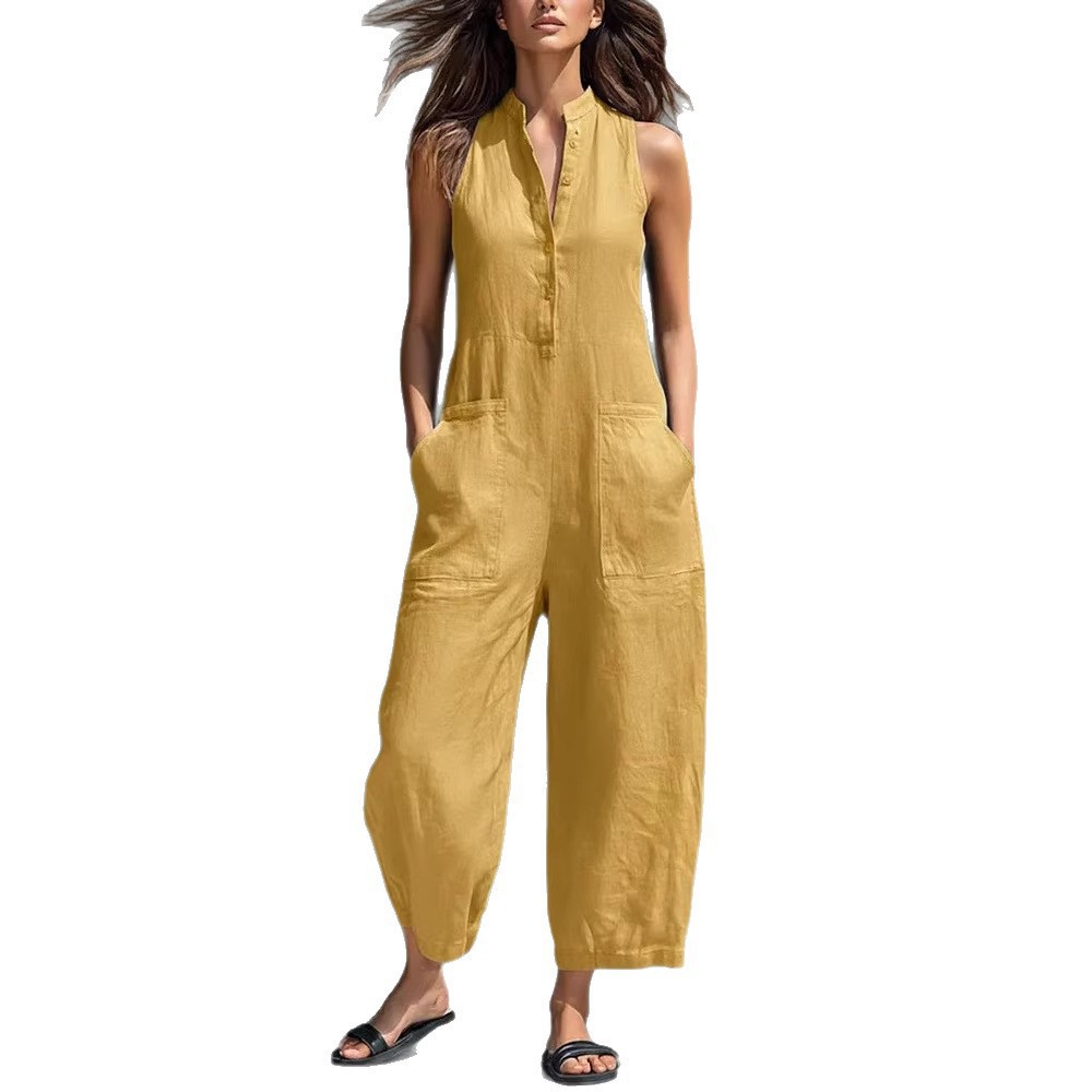 Women's Casual Sleeveless Stand Collar Jumpsuit with Pockets Fashionable Romper for Ladies_voghion.com