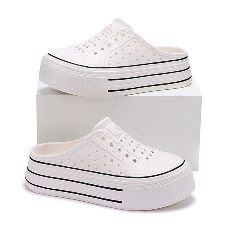 Women's Hole Shoes Summer Heightening Thick Sole One Pedal Hollow Round Head Breathable Soft Sole Outer Wear Beach White Shoes Women's Half Shoe