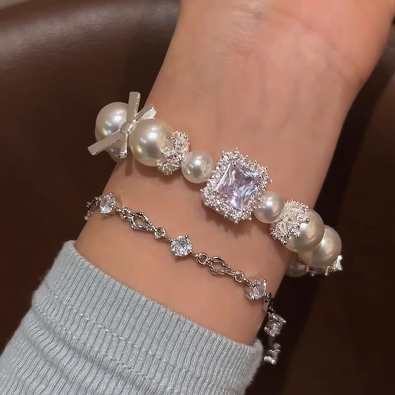 蝶結びシュガーキューブジルコンパールブレスレットライト高級ハイエンドニッチブレスレット女性の新しい中国風ビーズブレスレット卸売|undefined