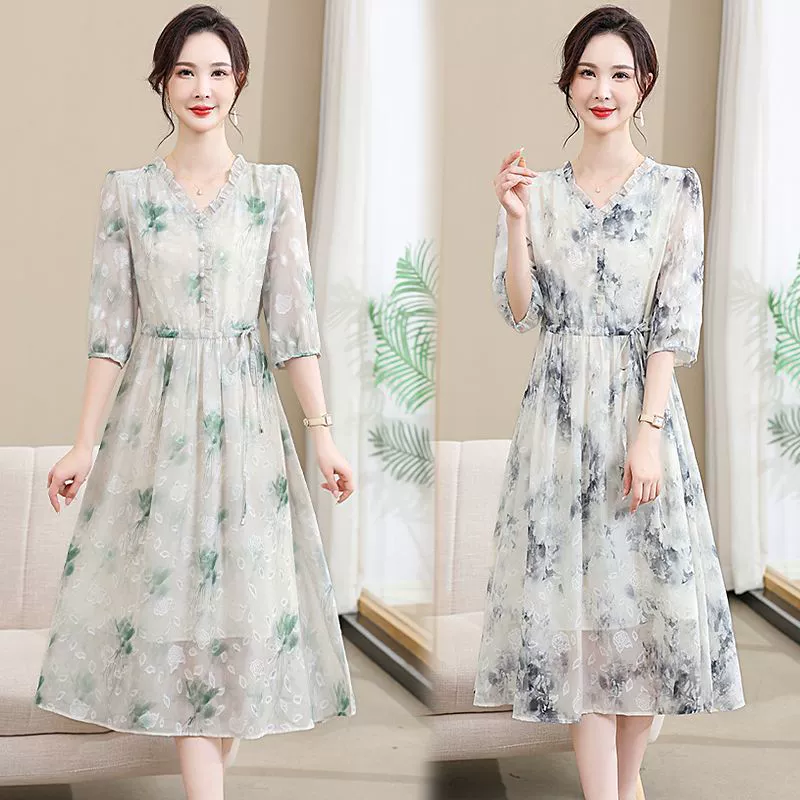 Элегантное шифоновое платье для мамы среднего возраста с цветочным принтом, женское платье, закрывающее тело и утягивающее платье, летняя юбка с талией