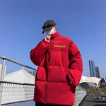 美式满背字母立领棉服红色设计感国潮棉服秋冬男女加厚面包服外套
