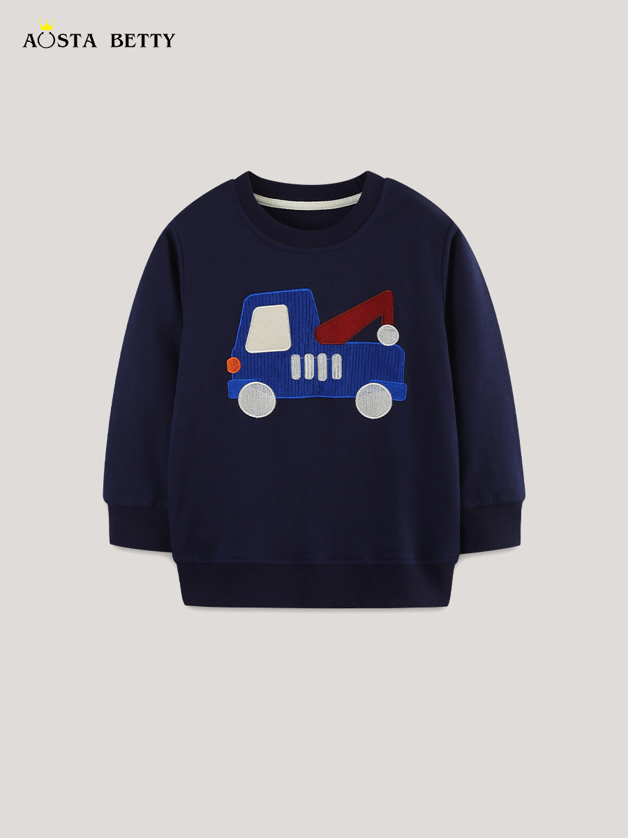 Sudadera de estilo europeo y americano para niños, modelo nuevo otoño 2026, sudadera de manga larga para niños pequeños con estampado de coches, disponible al por mayor.