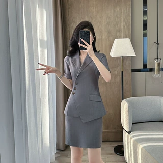夏季短袖职业套装女酒店经理金店销售工作服灰色西装套裙两件套