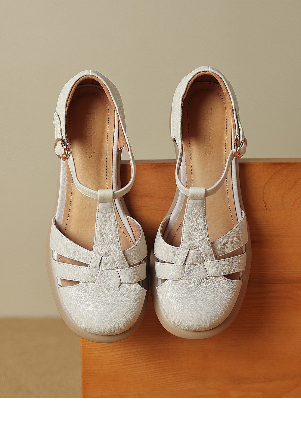 Sandal Mary Jane nữ đế dày gót vuông mũi tròn dệt kiểu La Mã — Màu trắng nhạt chi tiết 15