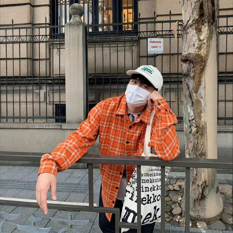 American Style oldschool Orange Plaid Long Sleeve Shirt Men's Casual Small Show White High Street Shirt Thin Jacket