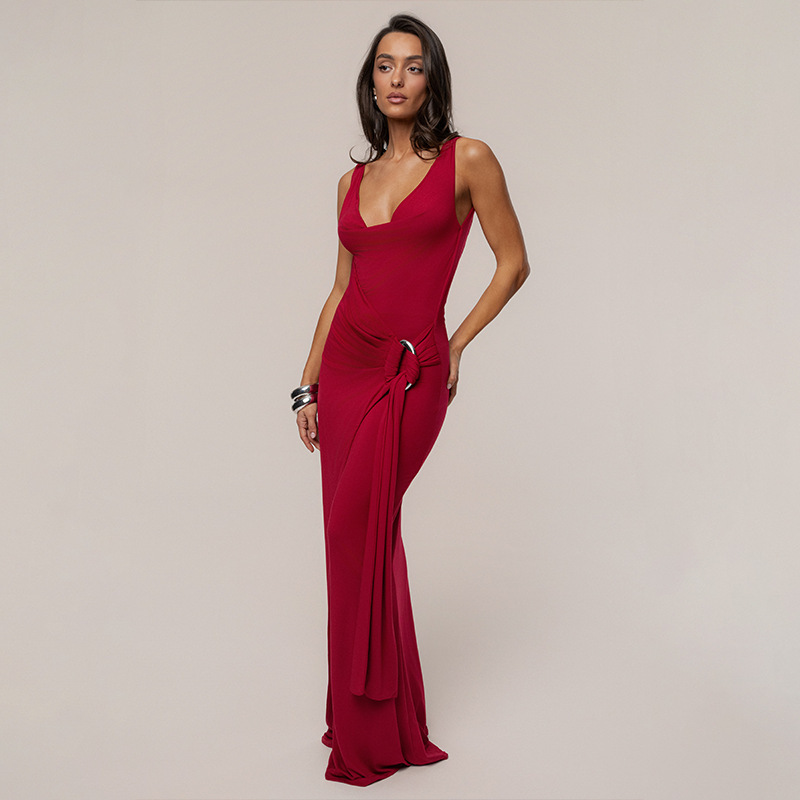 Women's Charming Deep V-Neck Backless Long Gown, Unique Waist-Cinching Flared Hem Cocktail Dress
