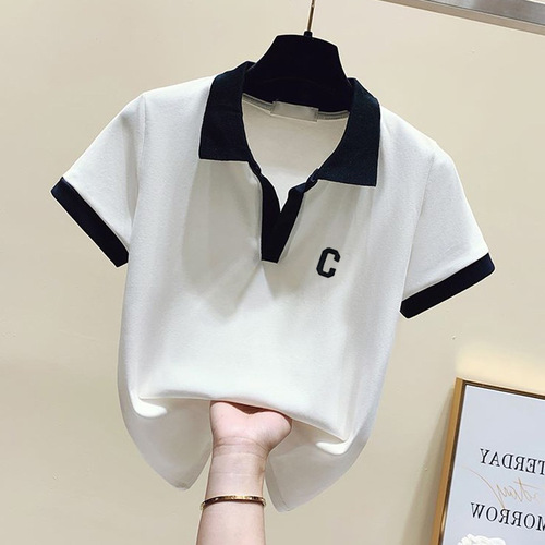 Plus-size women's polo shirts with straight shoulders, short-sleeve T-shirts for the 2025 summer, for micro-fat mm to cover the stomach and look slimmer, V-neck tops