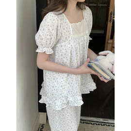 外贸批发2026夏季新款韩系小蓝花印花棉平纹双层纱宽松家居服套装