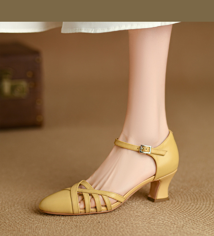 Sandal nữ quai hậu mũi nhọn retro da bò gót 5 cm kiểu La Mã — Màu trắng nhạt chi tiết 14
