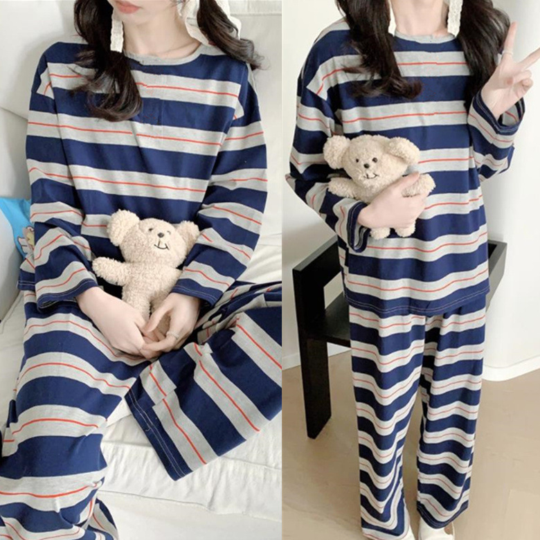 긴 소매 파란색과 회색 대형 줄무늬