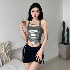 甜辣妹性感显胸镂空褶皱收腰背心短款上衣2025春夏季新款时尚吊带