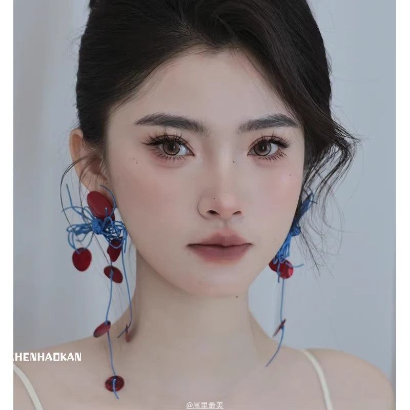 小衆赤青衝突色編み流蘇イヤリング高級感気質ピアス新中国式花嫁結婚朝服アクセサリー|undefined