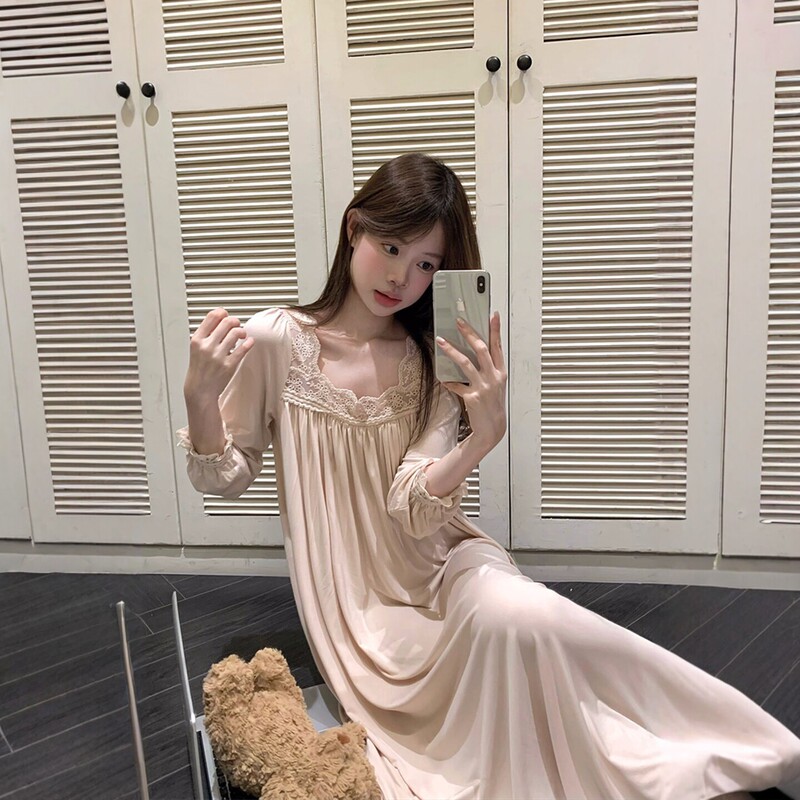 Long Lace Nightgown for Women, Beautiful Spring and Autumn Sleepwear, Summer 2026 New Korean Style Loungewear