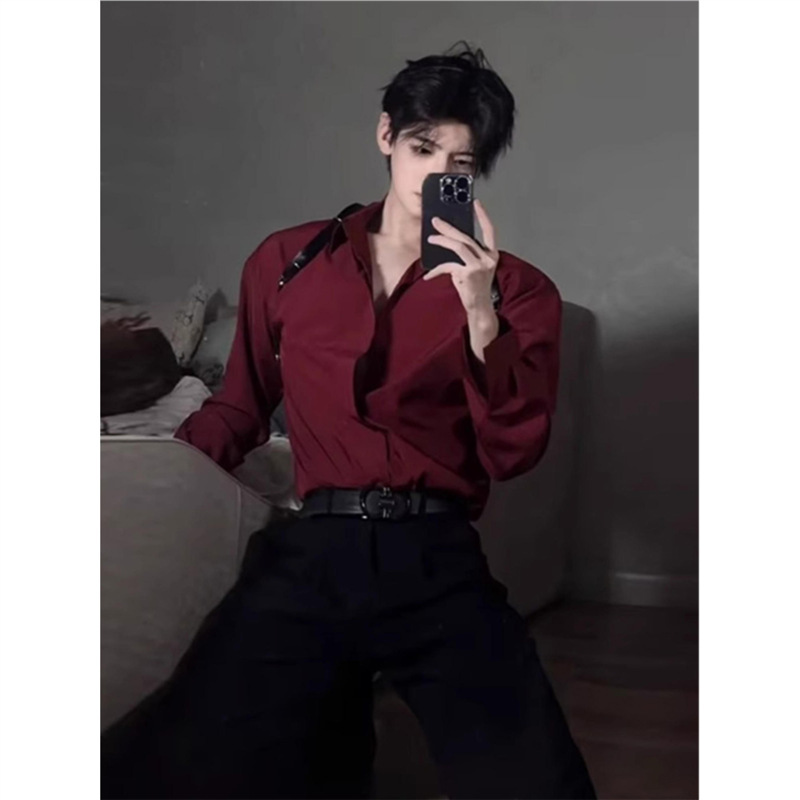 High-End Thin Abstinence-Style Burgundy Shirt Men's Long-Sleeved Spring and Autum Ice Silk Loose Draped Shirt Jacket