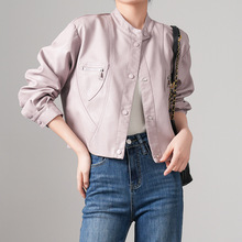 26春季新款荔枝纹气质粉色皮衣减龄洋气俏皮感小立领外套29145