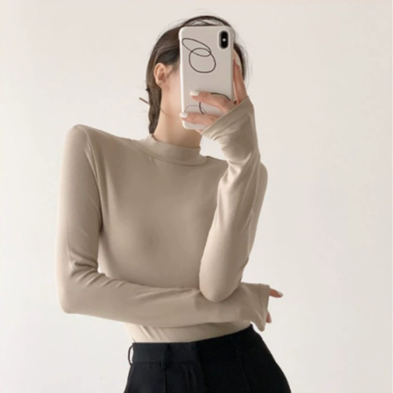 Женская рубашка с полугольфом в корейском стиле, осенне-зимний облегающий внутренний топ с двусторонним бархатом и спандексом