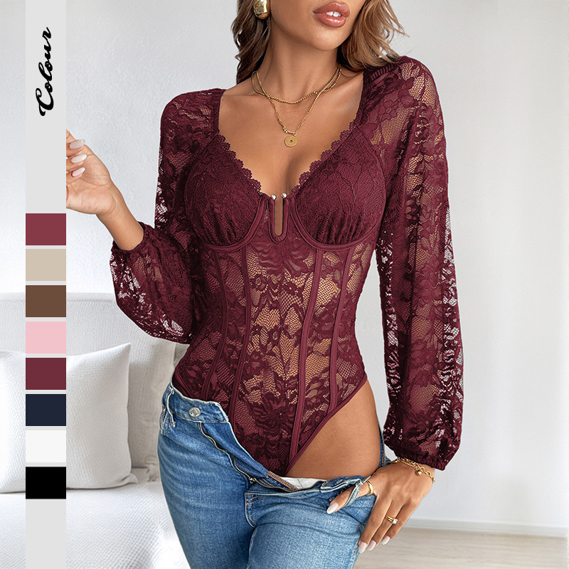 Amazon European and American Cross-Border 2026 Autumn and Winter New Sexy Style Lace Splicing V-Neck Solid Color Slim Fit Jumpsuit for Women