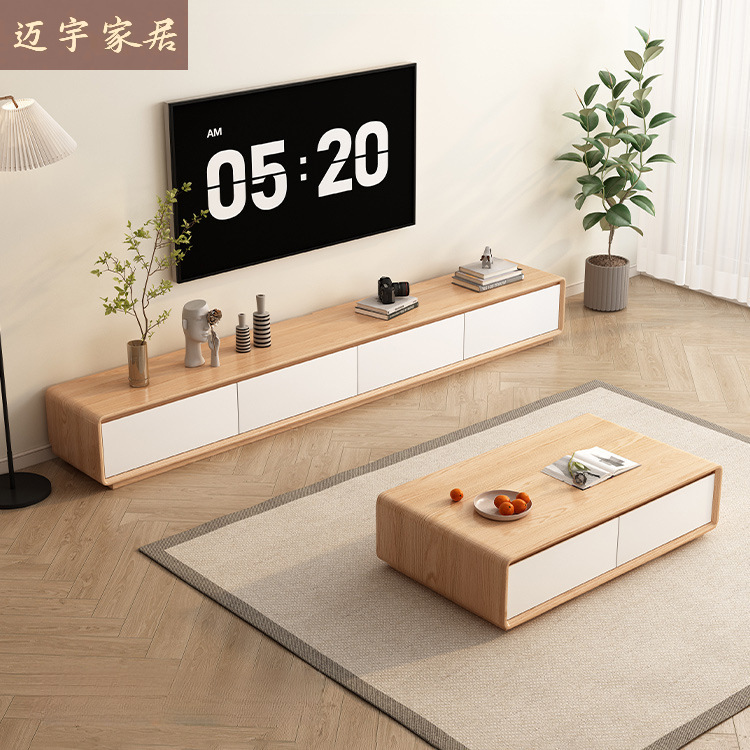Nordic Small Apartment Solid Wood Tv Cabinet Rubber Wood Combination Cream White Floor-Standing Tv Cabinet Dropshipping