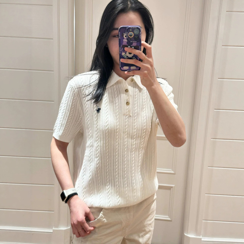 Rl Ralph Lauren Summer Embroidered Turn-Down Collar Fine Knit Sweater for Men and Women, Short Sleeve Button-Up Breathable T-Shirt for Couples