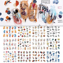 跨境新款美甲水印贴纸ins抽象艺术晕染方块水贴春夏花朵清新水贴