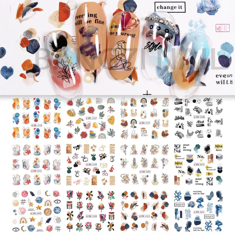 Cross-border New Nail Art Watermark Stickers ins Abstract Art Blooming Square Water Stickers Spring and Summer Flowers Fresh Water Stickers