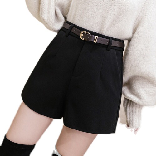 Black Woolen Suit Shorts for Women Spring Outerwear Base Boot Pants Fashion High-Waisted Loose Casual A-Line Wide Leg Pants
