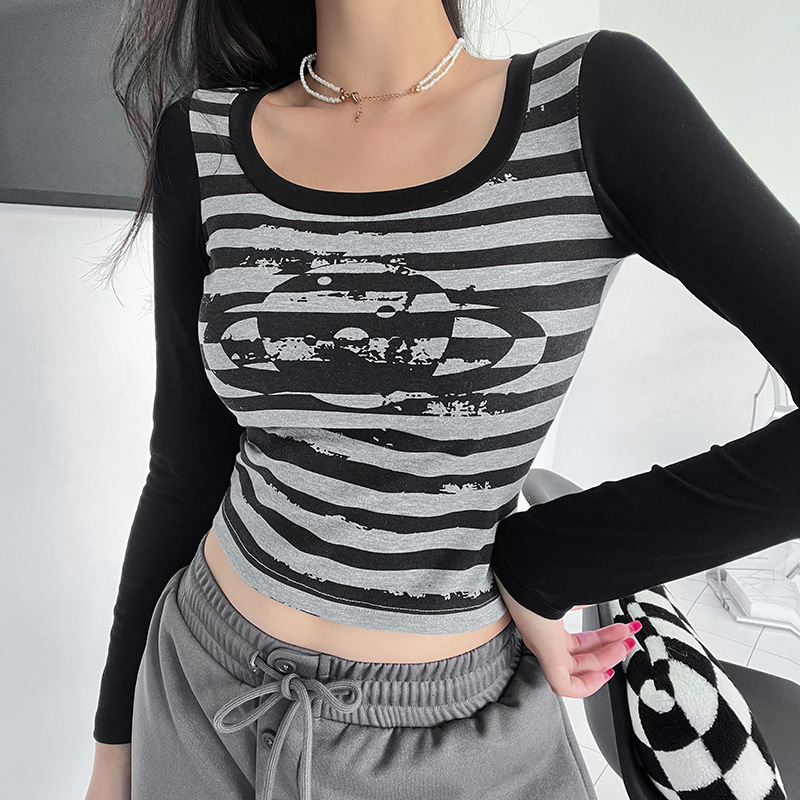 long-sleeved color contrast striped slim fit top NSAFS137955