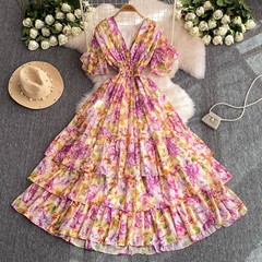 宮廷風の高貴でエレガントな気質の婦人服2025夏服、フリル付きの妖精のようなシフォンプリントのリゾートワンピース