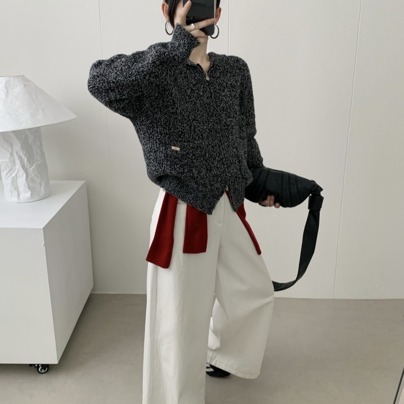 双拉链毛衣外套女秋冬2025新款慵懒风高级感宽松连帽针织开衫上衣|undefined