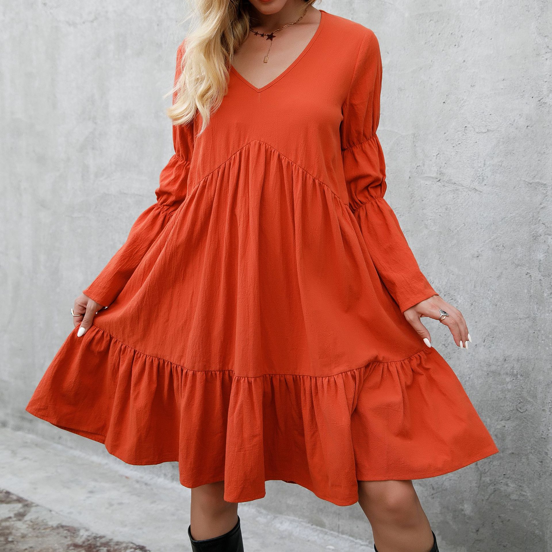 Fashion Solid Color V Neck Long Sleeve Ruffles Cotton Dresses Above Knee A-line Skirt display picture 12