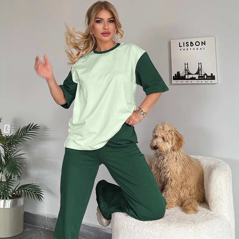 Summer Contrast Color round Neck Short Sleeved T shirt Women Casual Wide Leg Pants Two Piece Sets 15 Summer Contrast Color round Neck Short Sleeved T shirt Women Casual Wide Leg Pants Two Piece Sets