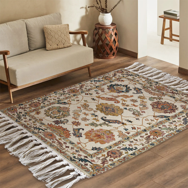 Retro Persian Style Polyester-Cotton Hand-Woven Tassel Carpet Living Room Stain-Resistant Easy-Care Carpet Bedroom Bedside Blanket