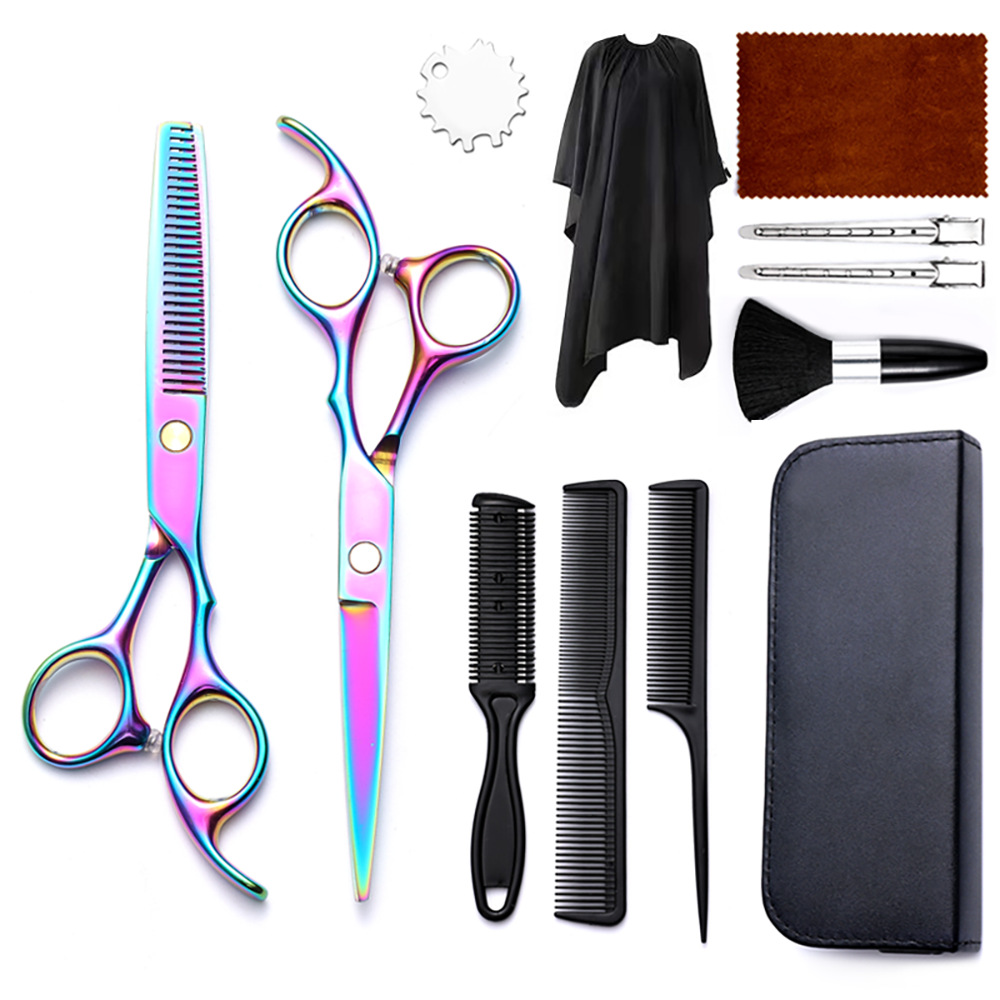 Corte de pelo tijeras transfronterizas amazonas color tijeras de dientes planas cortadas delgadas frange tijeras divisorias fábrica de tijeras al por mayor set de tijeras de peluquería
