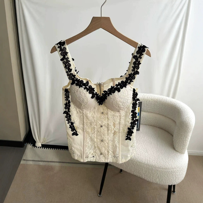 Cross-Border Bestseller: European and American Style Lace Camisole Bra with Jacquard Pattern, Elegant Knitted Tight-Fitting Top with Built-In Fishbone Bra