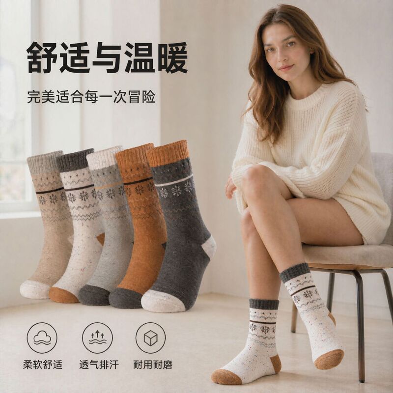 Women's Mid-Calf Fair Isle Patterned Wool Socks, Autumn and Winter Trendy Versatile Japanese-Style Warm Snowflake Mid-Calf Socks