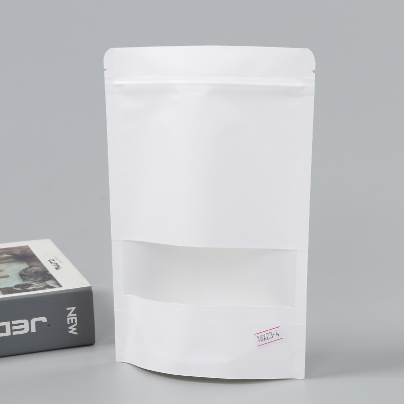 Spot bolsa de papel kraft con ventana transparente bolsa de embalaje de alimentos autosellada autoportante bolsa de té sellada de ocho lados fácil de rasgar