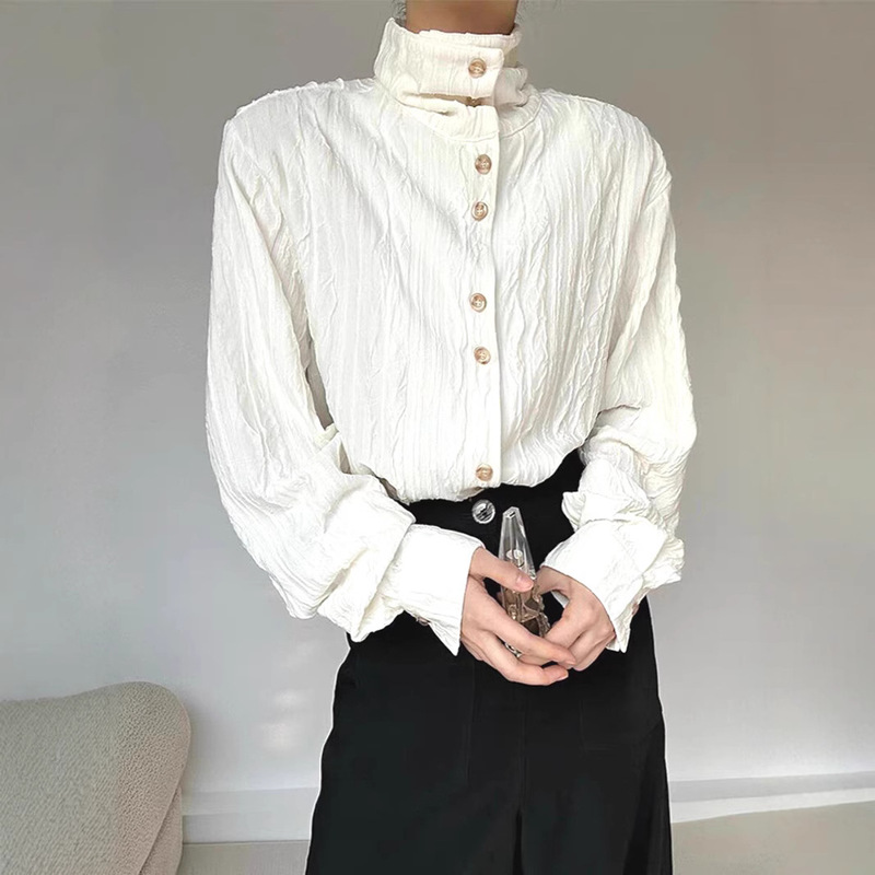 French Style Pleated Texture Shirt Men's High Collar Loose Long Sleeve Jacquard Shirt with Vertical Collar Niche Design Style Trendy Shirt