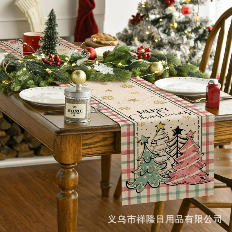 跨境爆款圣诞节桌旗厨房派对餐桌圣诞树花环雪人铃铛圣诞老人桌旗|undefined