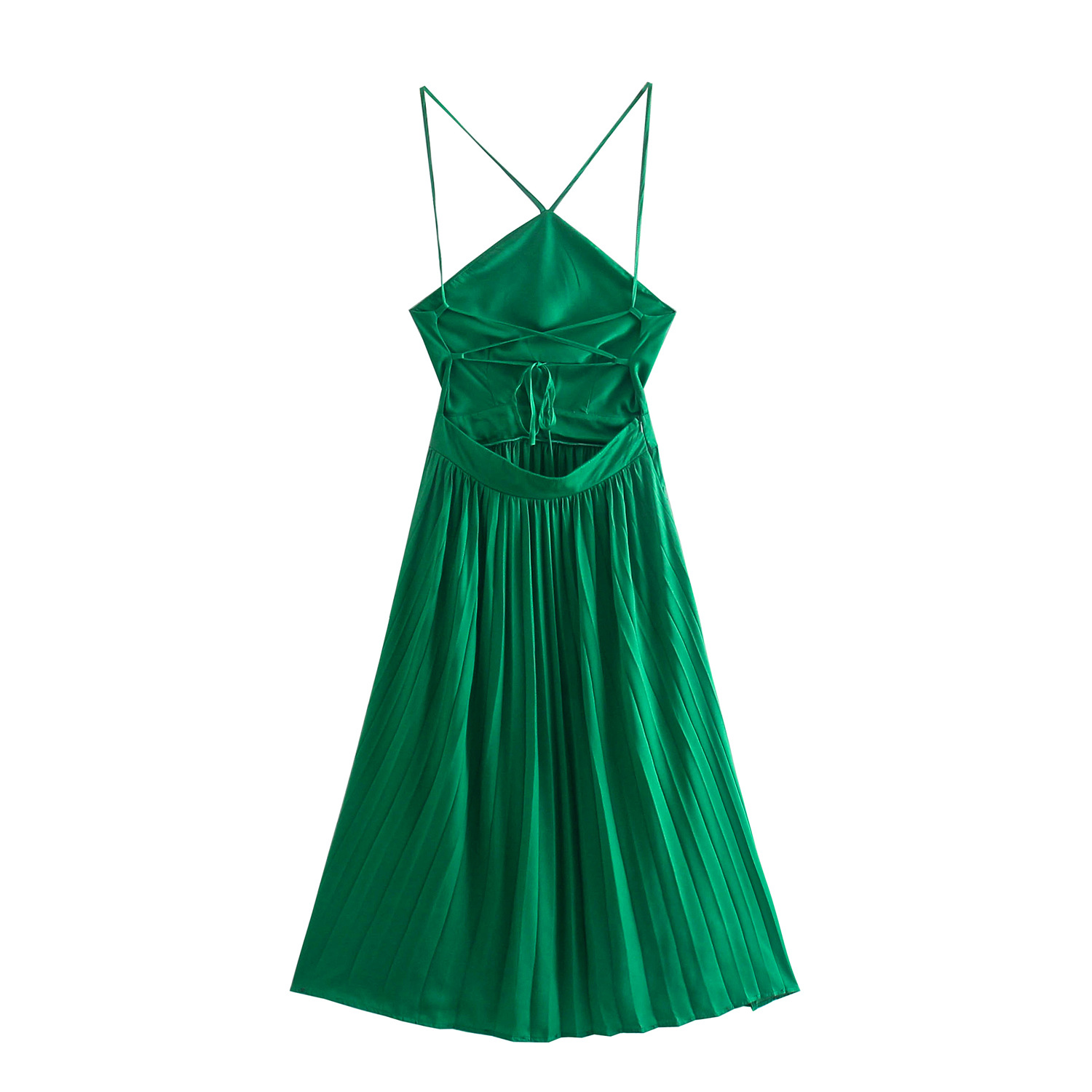 Green Sleeveless Pleated Suspender Dress NSXFL107099