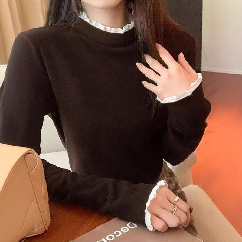 蕾丝花边设计感小众别致上衣女秋冬德绒修身打底衫半高领长袖T恤|undefined