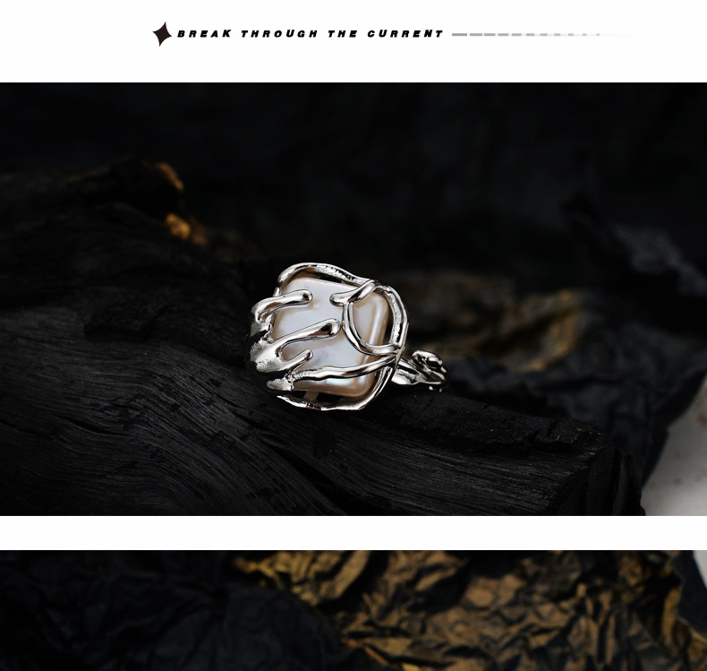 Retro Geometric Sterling Silver Inlay Baroque pearl Rings 1 Piece