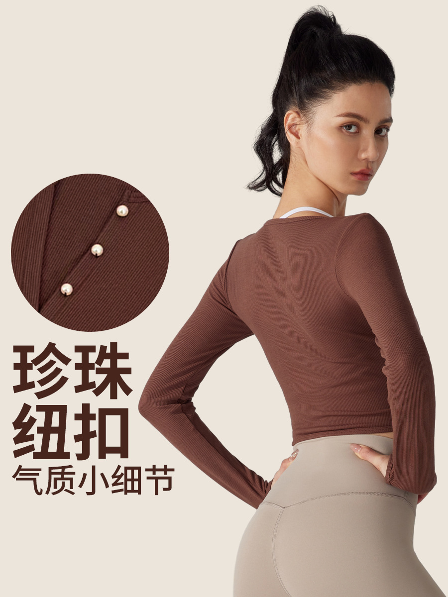 Otoño e invierno con cuello en V hilo de secado rápido deportes manga larga expuesta ombligo ins running fitness Top apretado adelgazamiento ropa de Yoga para Mujeres