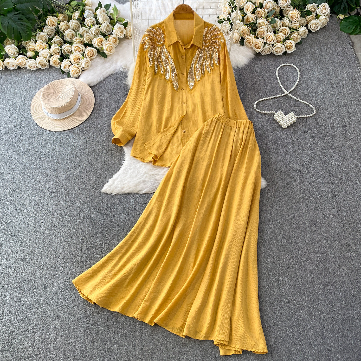 European Style Embroidered Pearl & Sequin Blouse With Mid-Length Skirt Set - Elegant Oversized Office Wear Two-Piece Outfit_ecoleips.com