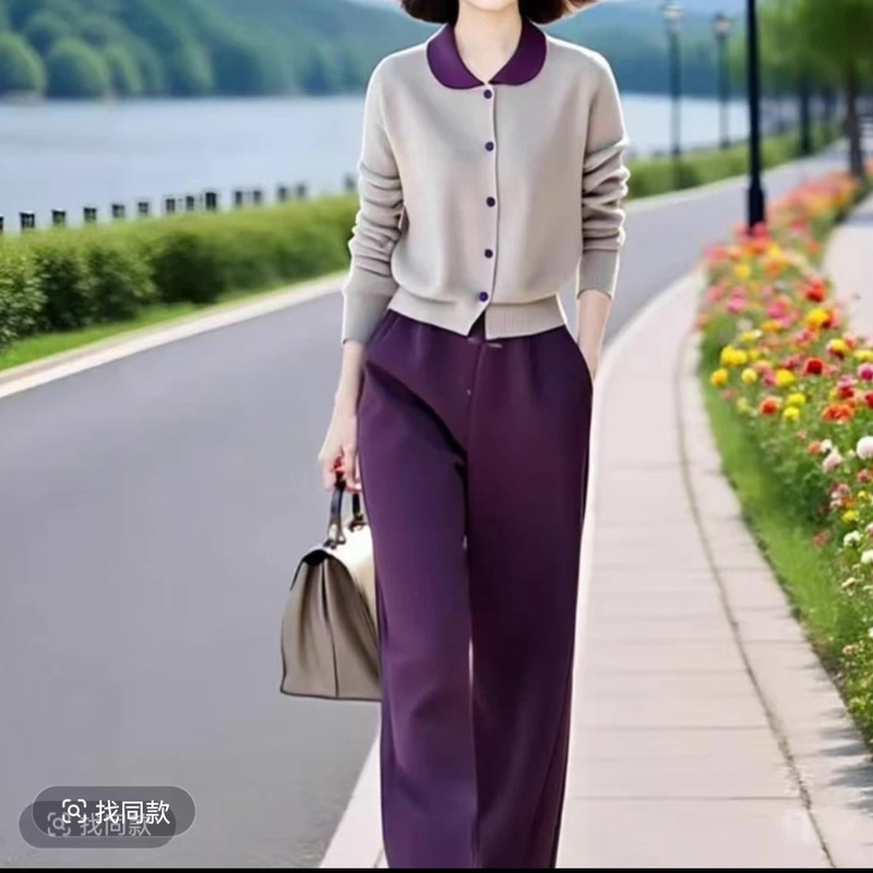 2025秋季新款设计感女装撞色翻领卫衣套装气质裤子两件套|undefined