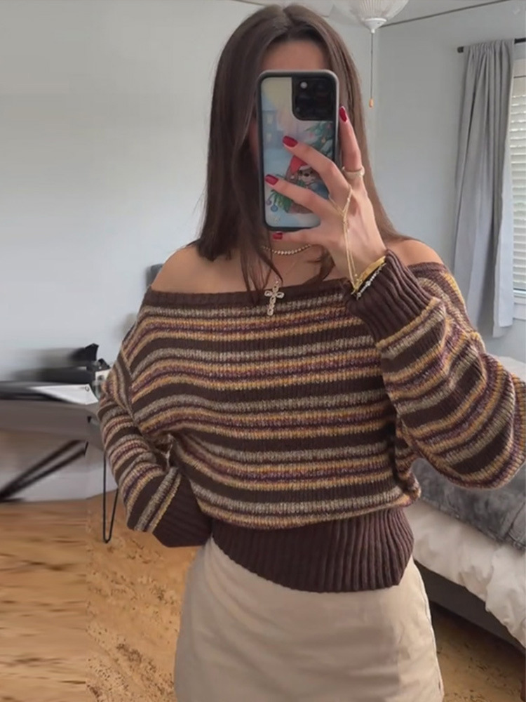 Moda de hombro con rayas de color contrastante suéter chaqueta mujer 2025 transfronteriza Europa y Estados Unidos principios de otoño nuevo caliente