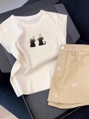 16133洋气减龄杏色刺绣冰丝短袖女夏新款设计感独特别致大码上衣
