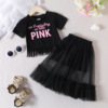 Brand black jacket with letters with tassels, set, children's clothing, European style, with short sleeve